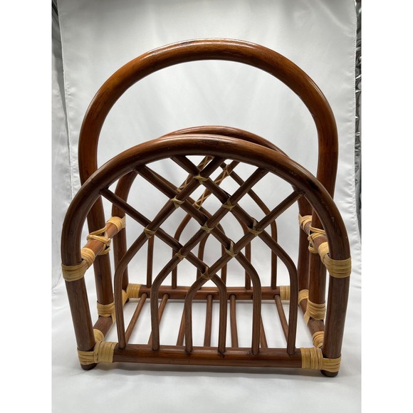 Rattan Magazine Rack‎ Bamboo Wood Book Holder Boho Decor Vintage Mid Century - Picture 3 of 8